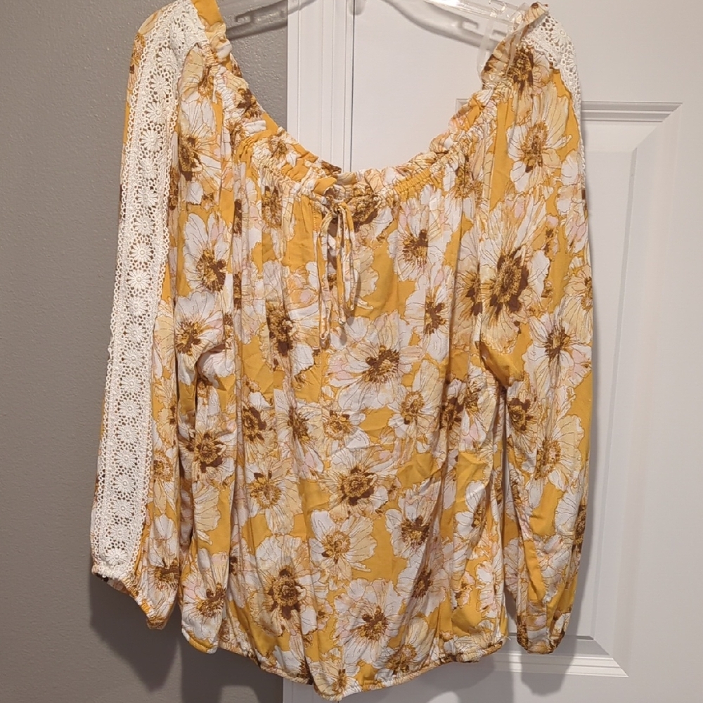 Maurices Yellow Floral Blouse with Lace Sleeves